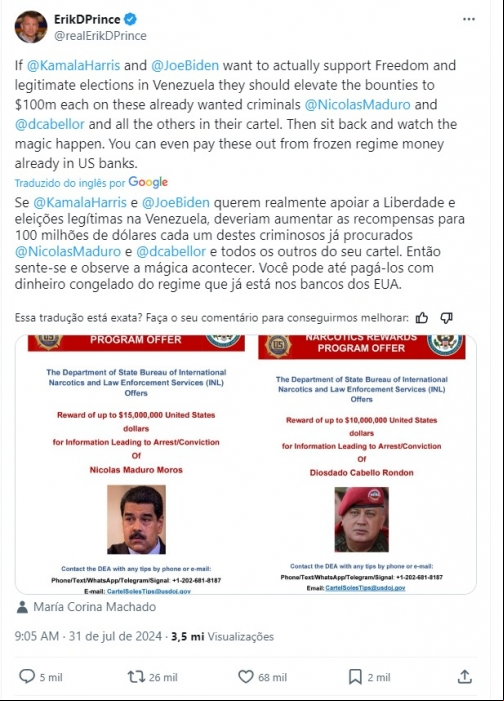 Fundador do exército privado Blackwater pede US$ 100 milhões ao governo dos EUA para eliminar Maduro